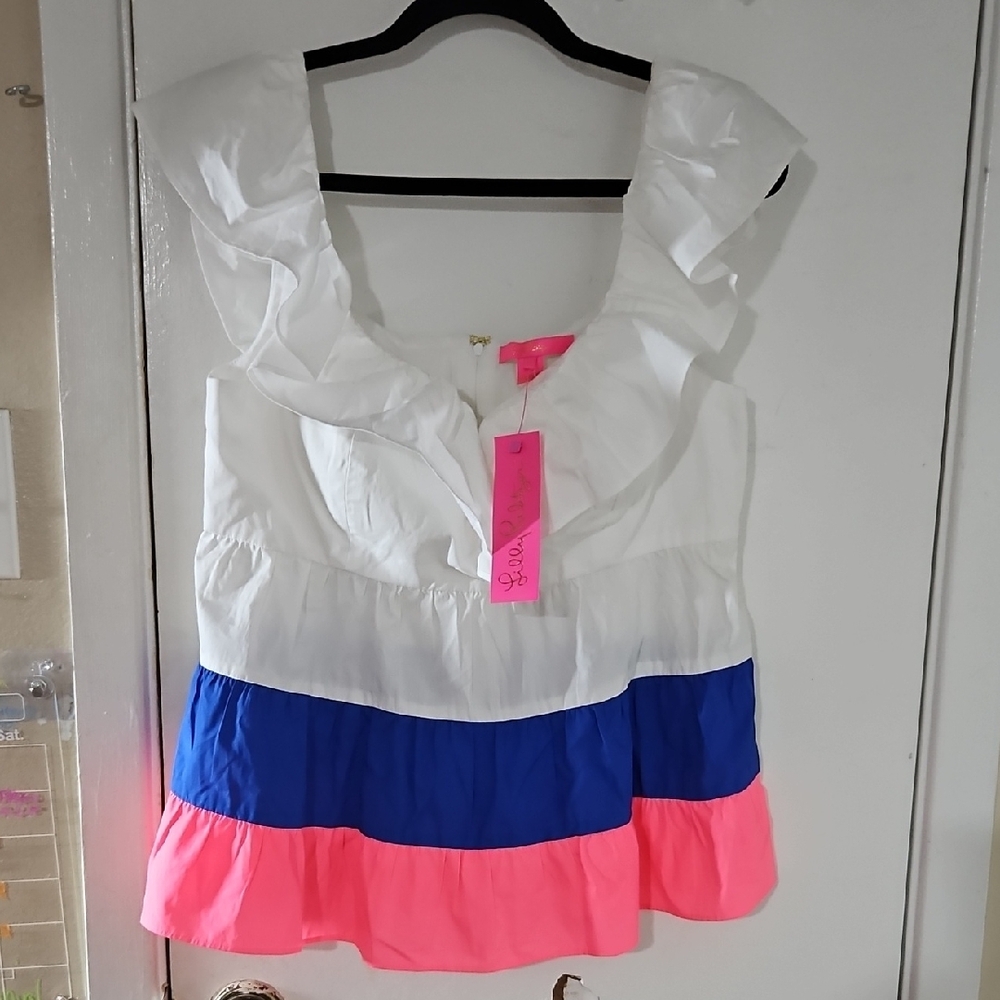Lilly Pulitzer White and Blue Ruffled Bib Collar Blouse